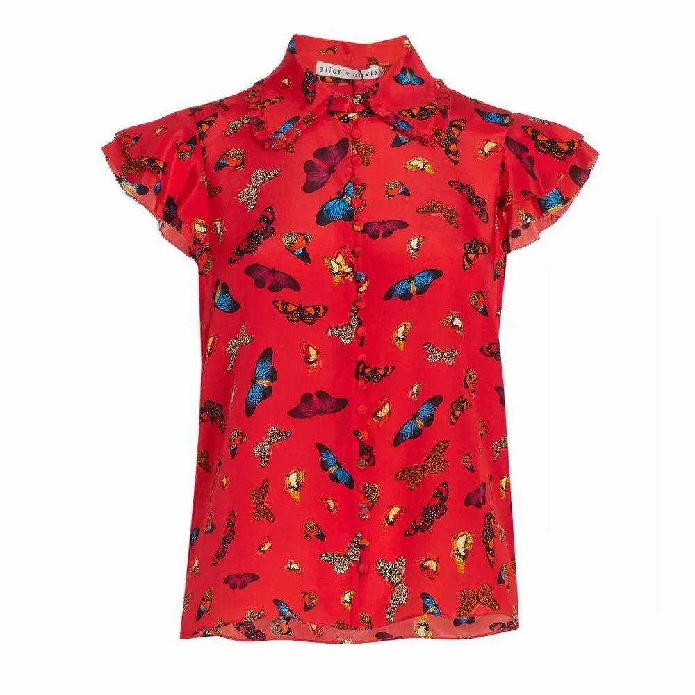Alice + Olivia Martel Butterfly Silk Shirt Blouse Ruffle Red Bug Take Flight M